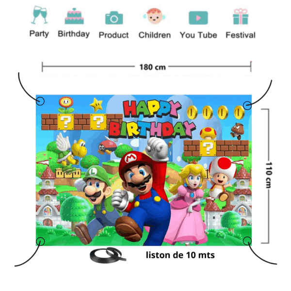 telon de fondo decorativo,decoración de fiestas,cumpleaños,Mario Bros,Luigi